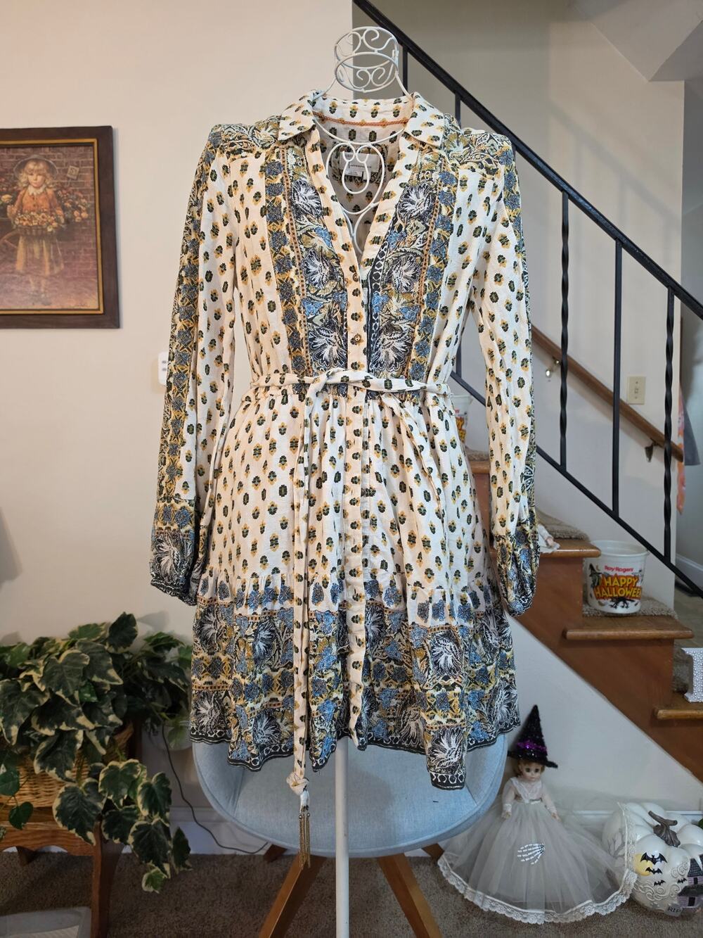 Anthropologie Bohemian Floral Paisley Mini Shirtdress Belted Tassel Boho Ivory L